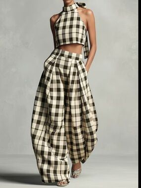 New Summer Women's Beige-Brown Plaid Halter Cropped Top Set